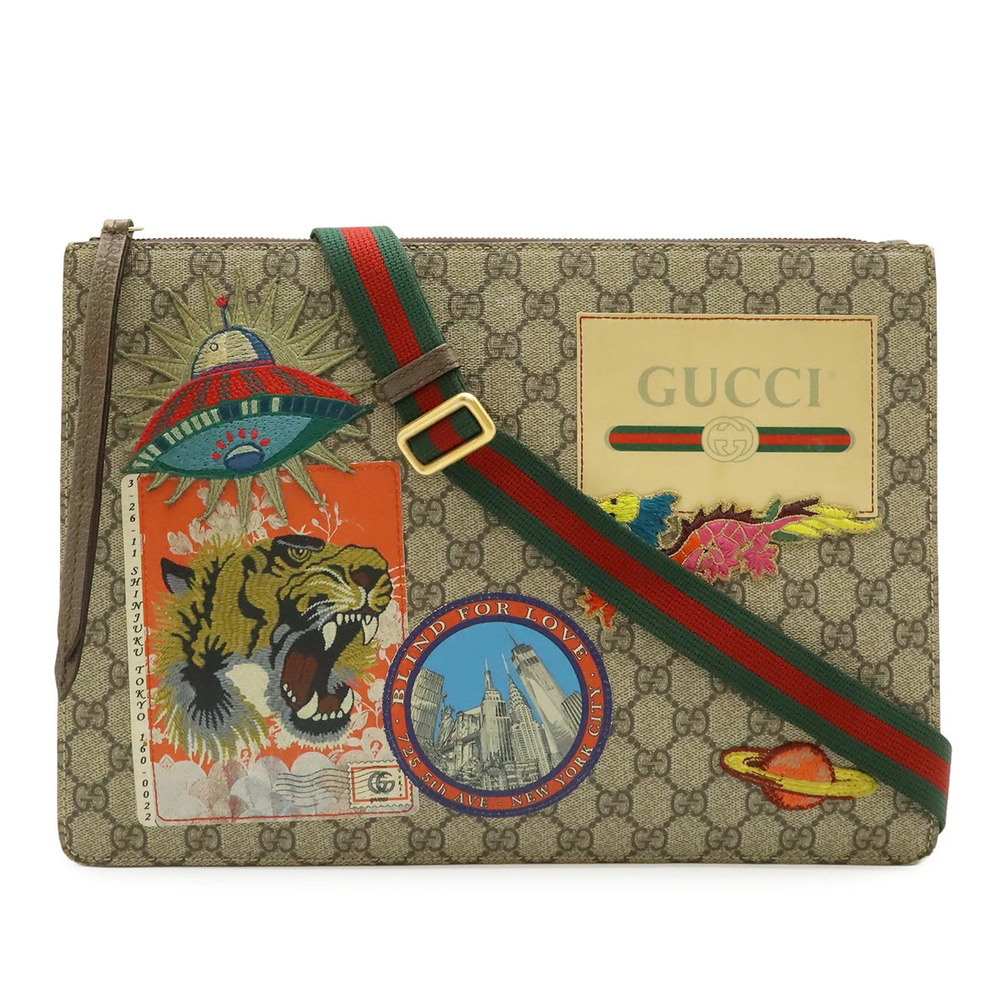 Gucci Courier GG Supreme Bag Tiger UFO Patch Leather Beige Cream Multicolor